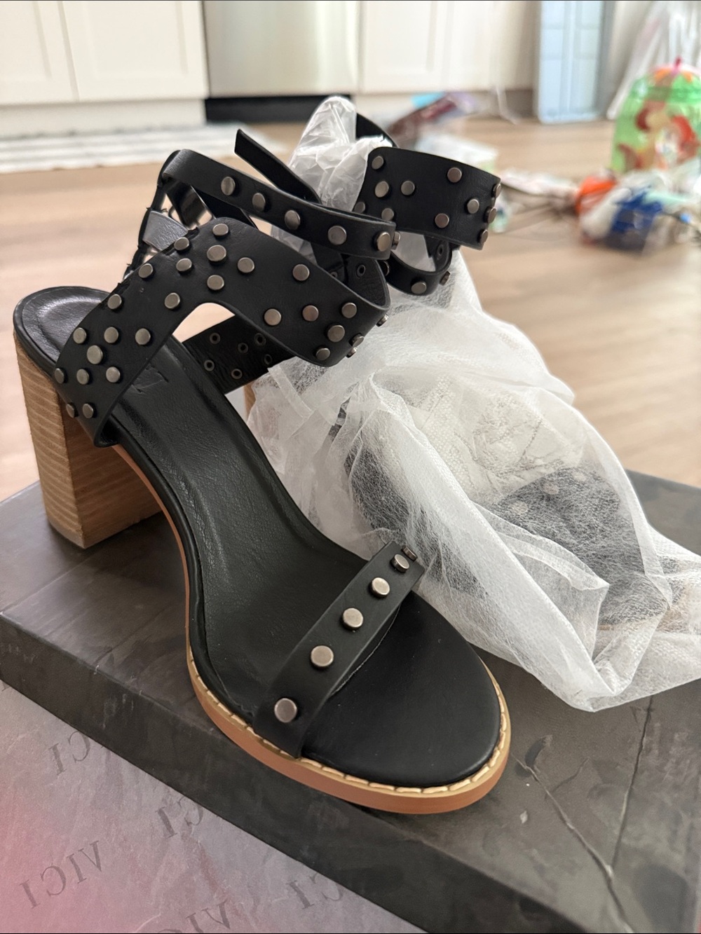 Vici Black Studded Wooden Block Heel Sandals